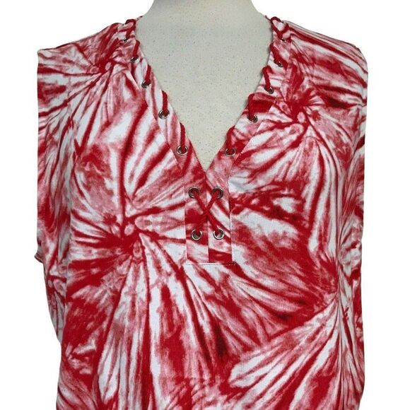 Rafaella Red Tie-Dye V-Neck Laced Front Top Sz 3X Cotton Sleeveless NEW - Picture 3 of 7